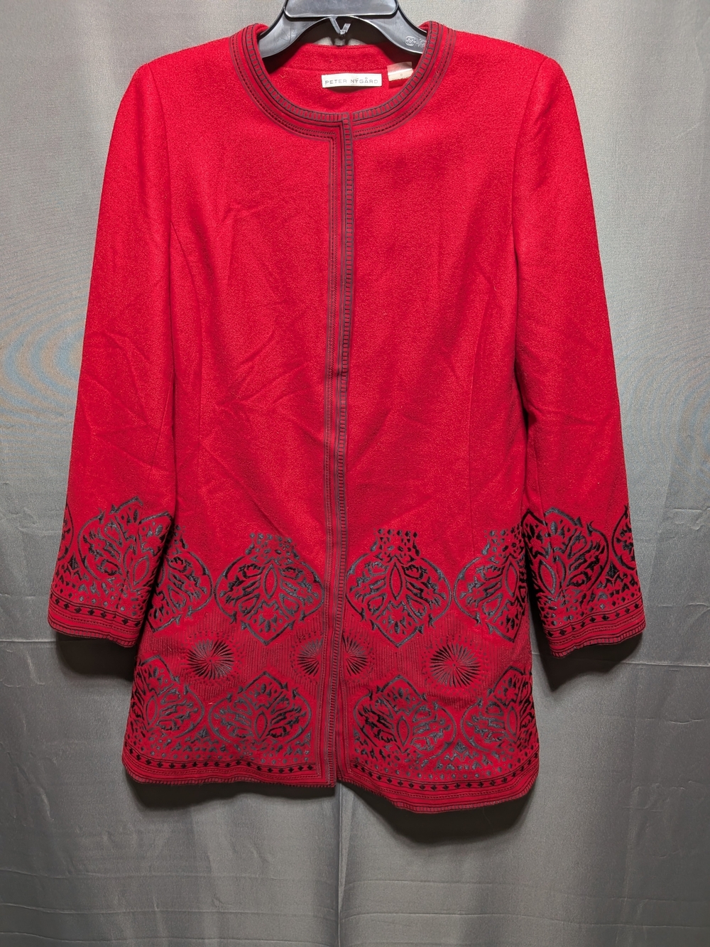 Peter Nygard Red Wool Blend Embroidered Longline Jacket Coat Medallion Blazer